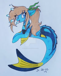 Size: 800x1000 | Tagged: safe, artist:mermaidnerin, oc, oc only, hybrid, merpony, seapony (g4), blue eyes, bubble, deviantart watermark, dorsal fin, female, fins, fish tail, obtrusive watermark, open mouth, simple background, smiling, solo, tail, watermark