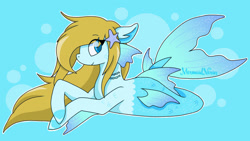 Size: 900x507 | Tagged: safe, artist:mermaidnerin, oc, oc only, hybrid, merpony, seapony (g4), starfish, blue background, blue eyes, bubble, dorsal fin, eyelashes, female, fins, fish tail, flowing mane, flowing tail, ocean, signature, simple background, smiling, solo, tail, underwater
