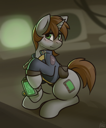 Size: 1280x1536 | Tagged: dead source, safe, artist:whitepone, oc, oc only, oc:littlepip, pony, unicorn, fallout equestria, blushing, clothes, eyes open, fanfic, fanfic art, female, freckles, green eyes, hooves, horn, jumpsuit, mare, pipboy, pipbuck, raised hoof, sitting, solo, vault suit