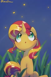 Size: 1679x2554 | Tagged: safe, artist:lexiedraw, sunset shimmer, pony, unicorn, g4, :o, cute, female, grass, high res, horn, looking up, mare, night, open mouth, shimmerbetes, sitting, sky, solo