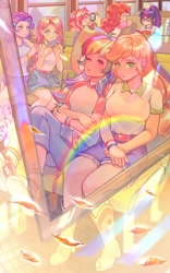 Size: 2280x3661 | Tagged: safe, artist:卯卯七, applejack, fluttershy, pinkie pie, rainbow dash, rarity, sci-twi, sunset shimmer, twilight sparkle, equestria girls, anime, appledash, applejack's hat, book, boots, bus, camera, clothes, colored pupils, converse, cowboy hat, cupcake, cutie mark, cutie mark on clothes, falling leaves, female, flarity, food, freckles, glasses, hat, high res, human coloration, leaves, lesbian, lighting, matching bracelets, rainbow, reading, school bus, shipping, shoes, shorts, skirt, sneakers, snow, snowfall, socks, wristband