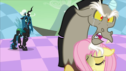 Size: 1273x720 | Tagged: safe, artist:disneyfanatic2364, discord, fluttershy, queen chrysalis, changeling, changeling queen, draconequus, pony, fanfic:daughter of discord, g4, cloud, crying, fangs, female, holding a pony, hurting, rage, sharp teeth, tears of anger, teeth, youtube link