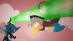 Size: 1271x720 | Tagged: safe, artist:disneyfanatic2364, discord, queen chrysalis, changeling, changeling queen, draconequus, fanfic:daughter of discord, g4, cloud, dodge, energy, energy blast, fangs, female, fight, flying, laser, male, red background, simple background, youtube link