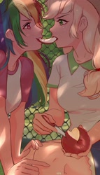 Size: 1772x3101 | Tagged: safe, artist:卯卯七, applejack, rainbow dash, equestria girls, g4, anime, apple, apple slice, chain link fence, duo, female, fence, food, freckles, holding, human coloration, humanized, knife, lesbian, looking at each other, mouth hold, prank, sharing food, ship:appledash, shipping