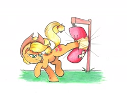 Size: 2339x1700 | Tagged: safe, artist:starpaintart, applejack, earth pony, pony, g4, bucking, female, kicking, looking back, mare, punching bag, simple background, solo, traditional art, white background