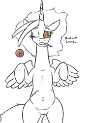 Size: 496x708 | Tagged: safe, artist:jargon scott, oc, oc:dyx, alicorn, earth pony, pony, belly button, black and white, cigarette, featureless crotch, female, glass eye, grayscale, lying down, mare, missing eye, monochrome, older, older dyx, on back, overhead view, partial color, scar, simple background, solo, white background