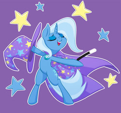 Size: 1916x1787 | Tagged: safe, artist:ikarooz, trixie, pony, unicorn, g4, bipedal, clothes, eyes closed, female, hat, magic wand, mare, open mouth, purple background, simple background, solo, stars, trixie's hat
