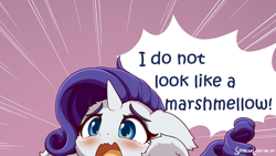 Size: 3200x1800 | Tagged: safe, artist:symbianl, edit, rarity, pony, unicorn, g4, adorable distress, blatant lies, crying, cute, denial, dialogue, marshmallow, marshmelodrama, misspelling, open mouth, raribetes, rarity being rarity, rarity is a marshmallow, wrong