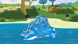 Size: 1920x1080 | Tagged: safe, artist:jennieoo, oc, oc only, oc:ocean soul, pegasus, pony, beach, floating, happy, inflatable, inflatable toy, lake, looking at you, one eye closed, ponytail, pool toy, show accurate, smiling, solo, summer, summertime, vector, wallpaper, water, water mane, wink, winking at you