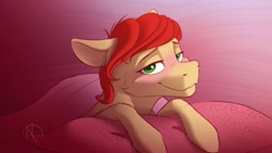 Size: 4000x2250 | Tagged: safe, artist:klarapl, oc, oc only, pony, bed, bedroom eyes, blushing, in bed, looking at you, smiling, smiling at you, solo