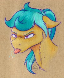 Size: 2322x2830 | Tagged: safe, artist:klarapl, oc, oc only, oc:karoline skies, ambiguous race, pony, bust, chest fluff, female, floppy ears, freckles, high res, mare, portrait, raspberry, solo, tongue out, traditional art