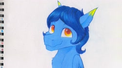 Size: 3409x1918 | Tagged: safe, artist:klarapl, oc, oc only, oc:helmie, pegasus, pony, bust, looking at you, portrait, smiling, smiling at you, solo, traditional art
