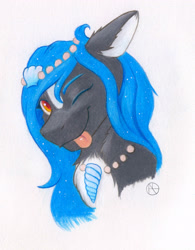 Size: 2415x3097 | Tagged: safe, artist:klarapl, oc, oc only, pony, chest fluff, female, high res, jewelry, looking at you, mare, one eye closed, smiling, smiling at you, solo, tongue out, traditional art, wink, winking at you