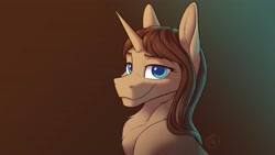 Size: 4000x2250 | Tagged: safe, artist:klarapl, oc, oc only, oc:emily, pony, unicorn, bust, chest fluff, female, lidded eyes, looking at you, mare, portrait, smiling, smiling at you, solo