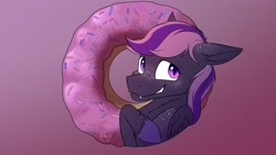 Size: 4000x2250 | Tagged: safe, artist:klarapl, oc, oc only, oc:astonish moon, pony, bust, donut, fangs, food, freckles, looking at you, smiling, smiling at you, solo