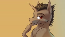 Size: 4000x2250 | Tagged: safe, artist:klarapl, oc, oc only, pony, unicorn, bust, eyebrows, freckles, lidded eyes, looking at you, male, smiling, smiling at you, smug, solo, stallion