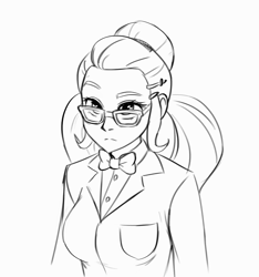 Size: 938x1001 | Tagged: artist needed, safe, sugarcoat, equestria girls, g4, clothes, crystal prep academy uniform, female, glasses, monochrome, pigtails, raised eyebrow, school uniform, simple background, sketch, solo, twintails, white background