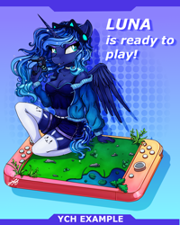 Size: 2000x2500 | Tagged: safe, artist:stainedglasslighthea, princess luna, alicorn, anthro, gamer luna, g4, belly button, blue eyes, cat socks, choker, clothes, commission, denim shorts, female, gamer girl, headphones, high res, hoodie, midriff, nintendo, nintendo switch, shorts, socks, solo, stockings, tank top, thigh highs, ych example, your character here