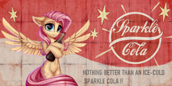 Size: 3000x1504 | Tagged: safe, alternate version, artist:setharu, fluttershy, pegasus, semi-anthro, fallout equestria, g4, arm hooves, cute, daaaaaaaaaaaw, female, high res, looking at you, mare, nuka cola, open mouth, poster, shyabetes, smiling, smiling at you, soda, solo, sparkle cola, spread wings, wings