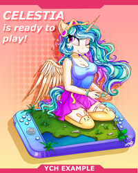 Size: 2000x2500 | Tagged: safe, artist:stainedglasslighthea, princess celestia, alicorn, anthro, g4, breasts, cat socks, choker, cleavage, clothes, commission, crown, cute, cutelestia, female, gamer celestia, headphones, high res, jewelry, nintendo, nintendo switch, one eye closed, regalia, skirt, socks, solo, stockings, tank top, thigh highs, wink, wristband, ych example, your character here