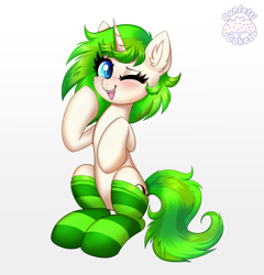 Size: 3697x3853 | Tagged: safe, artist:confetticakez, oc, oc only, oc:vinyl mix, pony, unicorn, blushing, clothes, commission, ear fluff, eyebrows, eyebrows visible through hair, female, high res, looking at you, mare, one eye closed, open mouth, simple background, sitting, smiling, smiling at you, socks, solo, striped socks, white background, wink, winking at you