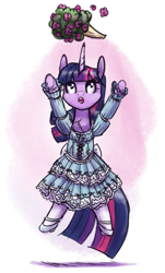 Size: 907x1500 | Tagged: safe, artist:king-kakapo, twilight sparkle, pony, unicorn, g4, bouquet, clothes, dress, flower, jumping, solo, unicorn twilight