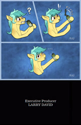 Size: 2787x4329 | Tagged: safe, artist:helmie-art, oc, oc only, oc:karoline skies, earth pony, pony, ..., bust, comic, curb your enthusiasm, exclamation point, eye clipping through hair, eyebrows, eyebrows visible through hair, female, freckles, grenade, high res, mare, mouth hold, ponified, portrait, question mark, smoke grenade, stern, this will end in tears