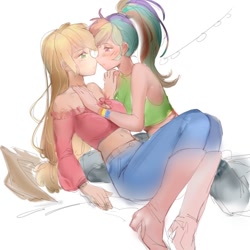 Size: 1024x1024 | Tagged: safe, artist:卯卯七, applejack, rainbow dash, equestria girls, g4, applejack's hat, bare shoulders, boots, clothes, cowboy hat, cuddling, duo, female, hand on chest, hand on shoulder, hat, human coloration, humanized, imminent kissing, lesbian, ponytail, ship:appledash, shipping, shoes, short shirt, simple background, sleeveless, white background