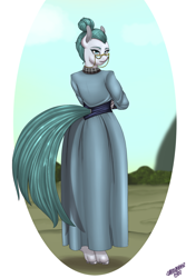 Size: 2000x3000 | Tagged: safe, artist:wolfmask, cloudy quartz, earth pony, anthro, g4, glasses, high res, long dress, looking at you, looking back, tail