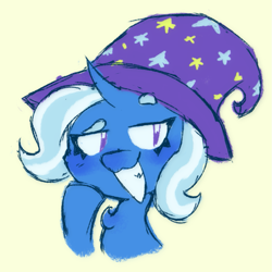 Size: 959x959 | Tagged: safe, alternate version, artist:juniibugart, trixie, pony, unicorn, g4, bust, chest fluff, female, grin, mare, portrait, simple background, smiling, solo, yellow background