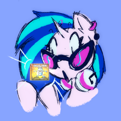 Size: 842x842 | Tagged: safe, alternate version, artist:juniibugart, dj pon-3, vinyl scratch, pony, unicorn, g4, blue background, crazy frog, crossover, ear piercing, female, headphones, mare, meme, open mouth, piercing, simple background, solo, this will end in tears