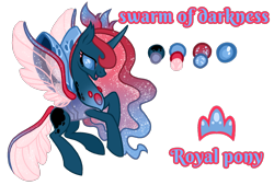 Size: 1596x1080 | Tagged: safe, artist:jvartes6112, oc, oc only, oc:swarm of darkness, changedling, changeling, changepony, pony, changedling oc, changedling queen, changeling oc, ethereal mane, female, interspecies offspring, offspring, parent:pharynx, parent:princess luna, parents:lunarynx, reference sheet, simple background, solo, starry mane, transparent background