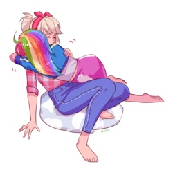 Size: 1024x1024 | Tagged: safe, artist:卯卯七, applejack, rainbow dash, human, g4, action lines, barefoot, beanbag, clothes, cuddling, duo, eyes closed, feet, female, flannel, hairband, headband, hug, human coloration, humanized, jacket, jeans, leaning on someone, lesbian, pants, ship:appledash, shipping, simple background, skirt, white background
