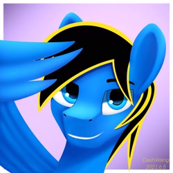 Size: 2048x2048 | Tagged: safe, artist:dash wang, oc, oc only, pegasus, pony, grin, high res, looking at you, male, pegasus oc, salute, smiling, smiling at you, solo, stallion, wing hands, wings