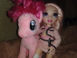Size: 4096x3072 | Tagged: safe, artist:user15432, pinkie pie, earth pony, human, pony, g4, bella parker, crossover, doll, irl, photo, plushie, rainbow high, toy