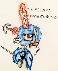 Size: 2136x2650 | Tagged: safe, artist:beamybutt, oc, oc only, oc:moonbeam, oc:trixie, pony, bust, collar, dialogue, ear piercing, female, glowing horn, high res, horn, iron pickaxe, magic, mare, minecraft, pickaxe, piercing, signature, telekinesis, traditional art