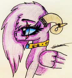 Size: 1981x2157 | Tagged: safe, artist:beamybutt, oc, oc only, pegasus, pony, bust, collar, eye scar, eyelashes, female, horns, mare, pegasus oc, scar, signature, traditional art, wings