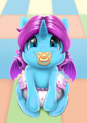 Size: 730x1035 | Tagged: safe, artist:brightroom, oc, oc only, oc:chroma wave, alicorn, bat pony, bat pony alicorn, pony, baby, baby pony, bat eyes, bat wings, commission, cute, cute baby, cutie mark diapers, daaaaaaaaaaaw, decorated diaper, diaper, diapered filly, female, filly, happy baby, horn, looking at you, pacifier, smiling, smiling at you, solo, wings, ych result