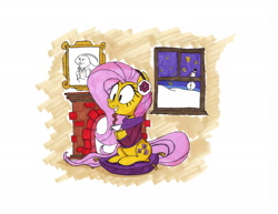 Size: 2200x1700 | Tagged: safe, artist:starpaintart, fluttershy, pegasus, pony, g4, clothes, cup, cute, earmuffs, fireplace, night, shyabetes, sitting, snow, snowman, solo, sweater, teacup, traditional art, winter