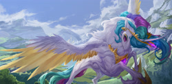 Size: 4500x2210 | Tagged: safe, artist:makkah, princess celestia, alicorn, pony, g4, colored wings, colored wingtips, female, fluffy, high res, mare, solo, spread wings, wings