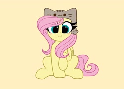 Size: 4096x2952 | Tagged: safe, artist:kittyrosie, fluttershy, cat, pegasus, pony, g4, blushing, cute, digital art, female, folded wings, front view, hat, pusheen, raised hoof, shyabetes, simple background, smiling, solo, wings, yellow background
