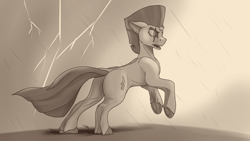 Size: 1920x1080 | Tagged: safe, artist:tenebrisnoctus, tempest shadow, pony, unicorn, g4, broken horn, butt, concave belly, female, horn, lightning, mare, monochrome, plot, rain, rearing, solo, storm