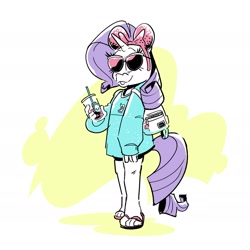 Size: 1817x1817 | Tagged: safe, artist:kyssimmee, rarity, anthro, plantigrade anthro, g4, clothes, disneyland, drink, female, mare, mouse ears, purse, sandals, simple background, solo, sunglasses, sweater, white background