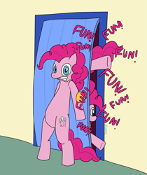 Size: 1409x1677 | Tagged: safe, artist:dzamie, pinkie pie, earth pony, pony, g4, too many pinkie pies, atg 2021, belly, bipedal, bipedal leaning, clone, colored, digital art, door, female, fun fun fun, leaning, multeity, newbie artist training grounds, pinkie clone, solo, too much pink energy is dangerous