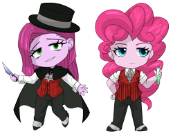 Size: 3300x2600 | Tagged: safe, artist:geraritydevillefort, pinkie pie, equestria girls, g4, blue eyes, chibi, clothes, digital art, dr jekyll, dr jekyll and mr hyde, dr pinkie, dr pinkie and miss pie, duality, evil smile, female, green eyes, grin, high res, knife, miss pie, mr hyde, pants, pinkamena diane pie, self paradox, simple background, smiling, transparent background, vest