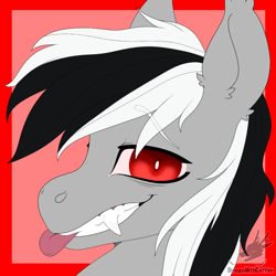 Size: 768x768 | Tagged: safe, alternate version, artist:dragonwithcoffee, oc, oc:stormdancer, bat pony, vampire, vampony, bat pony oc, bust, cute, fangs, grin, portrait, red eyes, smiling, tongue out