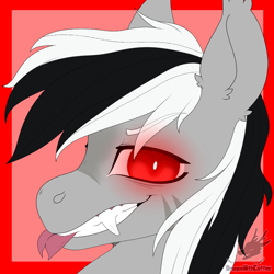 Size: 768x768 | Tagged: safe, alternate version, artist:dragonwithcoffee, oc, oc:stormdancer, bat pony, vampire, vampony, bat pony oc, bust, cute, dark form tier 2, fangs, forked tongue, grin, portrait, red eyes, smiling, tongue out