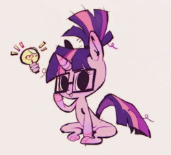 Size: 2048x1850 | Tagged: safe, artist:dizzychelsy, twilight sparkle, pony, unicorn, g4, alternate hairstyle, cloven hooves, female, glasses, lightbulb, mare, messy mane, ponytail, simple background, sitting, solo, unicorn twilight