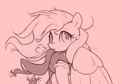 Size: 1817x1248 | Tagged: safe, artist:nookprint, fluttershy, pegasus, pony, g4, breath, clothes, monochrome, red background, redscale, scarf, simple background, solo, windswept mane