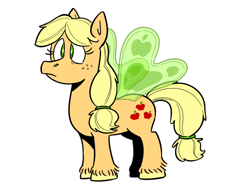 Size: 900x675 | Tagged: safe, artist:mellodillo, applejack (g1), earth pony, flutter pony, pony, g1, green wings, race swap, simple background, solo, unshorn fetlocks, white background, wings